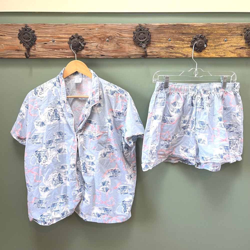 Oak Lane Womens Blue Cotton Tea Party Pajama Set Shorts Button Down Top L/XL